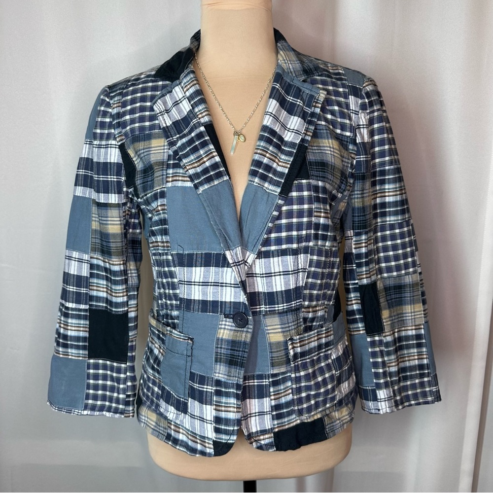 Ann Taylor Loft Madras Blue Plaid Patchwork Blazer Jacket Sz 8 Front Pockets